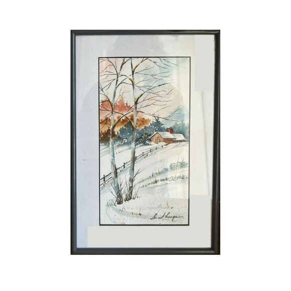 Watercolor Painting Gregory D. Sharpe Winter Scene 13" x 8" Framed and Matted